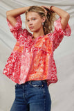 HY8719 Pink Mix Womens Print Blocked Cinch Sleeve Baby Doll Top Pose