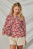 HY8783 Burgundy Womens Floral Print Smocked Detail Tie Front Collared Shirt Pose