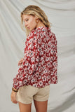 HY8783 Burgundy Womens Floral Print Smocked Detail Tie Front Collared Shirt Back