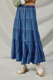 HY8842 Mid Denim Womens Elastic Waist Tiered Denim Skirt Front