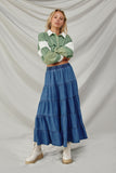 HY8842 Mid Denim Womens Elastic Waist Tiered Denim Skirt Pose