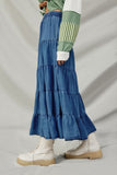 HY8842 Mid Denim Womens Elastic Waist Tiered Denim Skirt Side