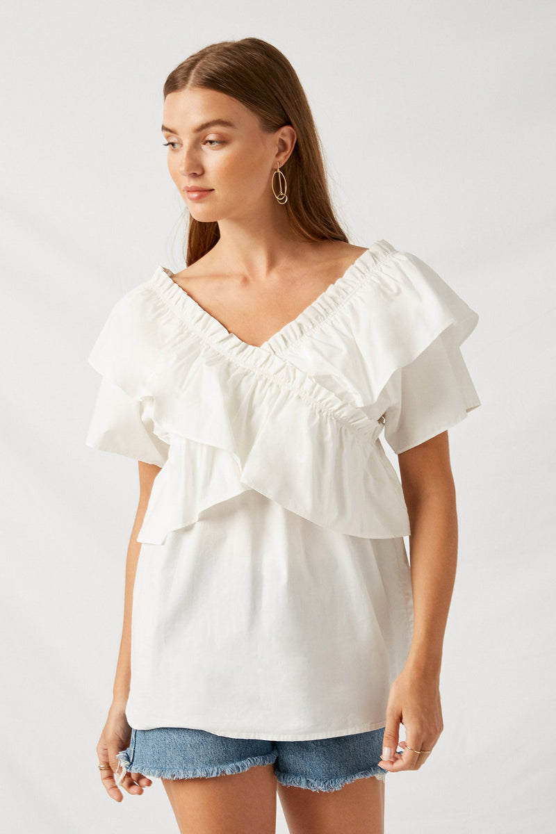 H4658 Off White Ruffle Top Front