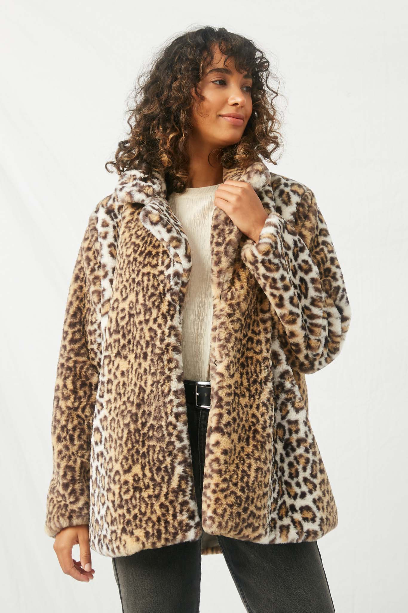 H6461 Leopard Womens Leopard Faux Fur Coat Side