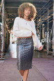 H6645 Gun Metal Womens Metallic Sequin Midi Pencil Skirt Front