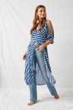 H6769 Denim Blue Striped High-Low Puff Sleeve Top Front
