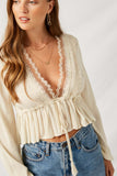H6973 Cream Cropped Lace Peplum Top Detail