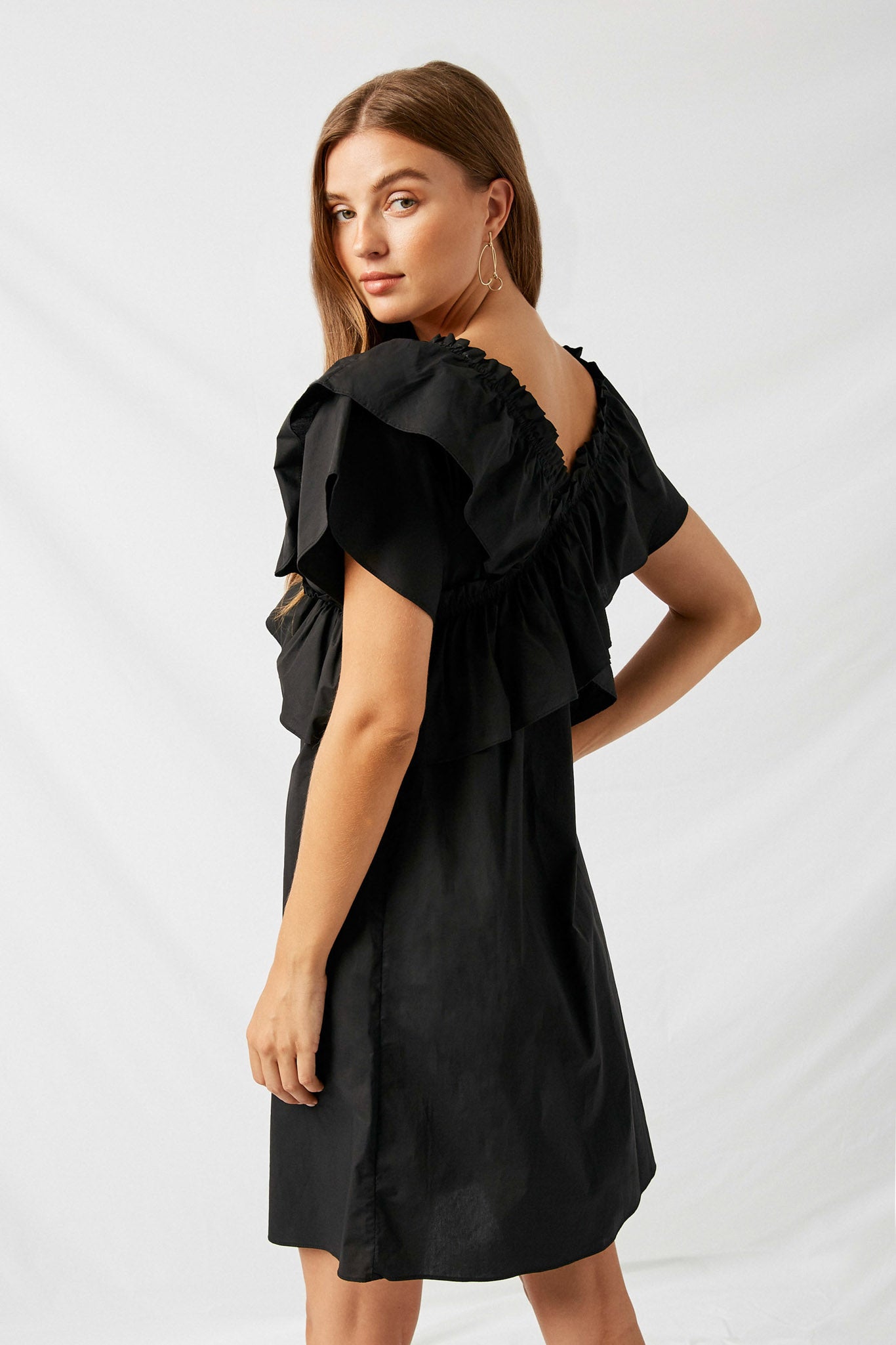 H8194 Black Ruffle Off-Shoulder Mini Dress Back