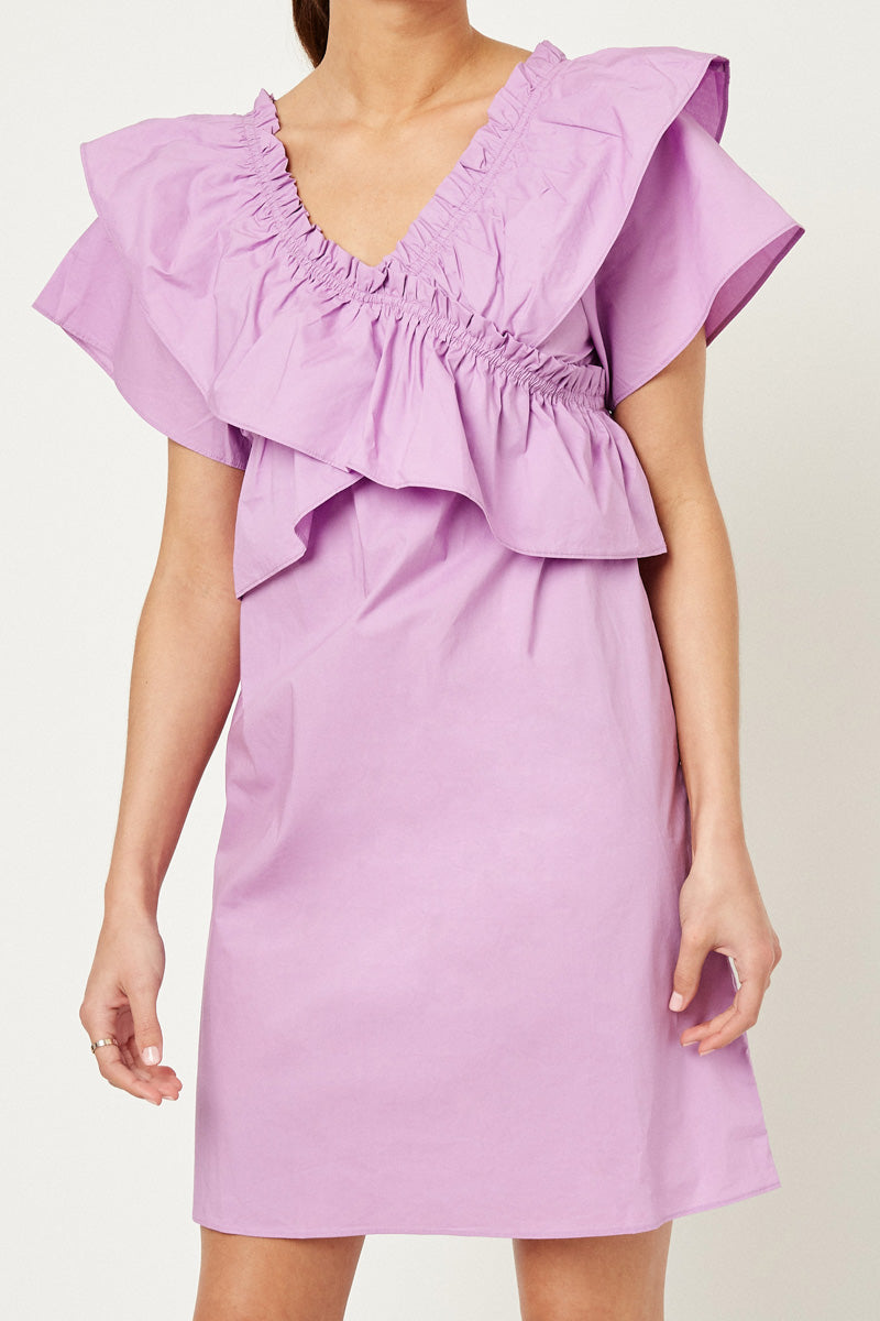 H8194 Lavender Ruffle Off-Shoulder Mini Dress Alt Front