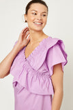 H8194 Lavender Ruffle Off-Shoulder Mini Dress Close Up