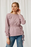 H9062 Lavender Womens Belted Wrap Sweatshirt Top Front