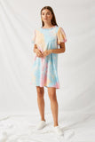 H9228 Multi Ruffle Tie Dye Puff Sleeve Shirt Dress Side
