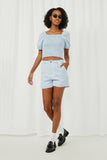 HE1017 Blue Womens Buttoned Detail Trouser Shorts Full Body