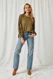 HJ1229 Olive Womens Leopard Knit Top Front