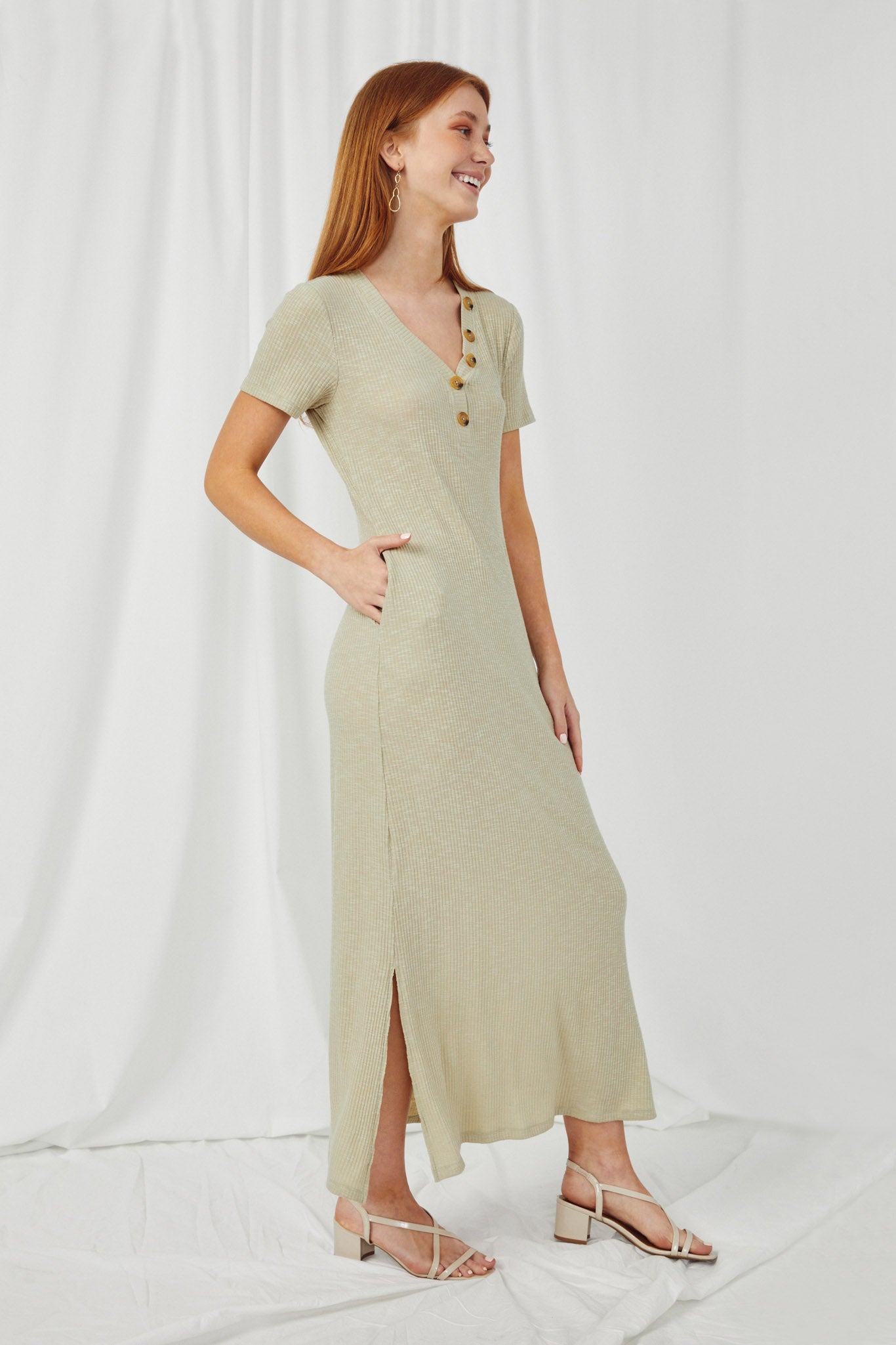 HJ3380 Sage Womens Button Detail Ribbed Knit Maxi Side