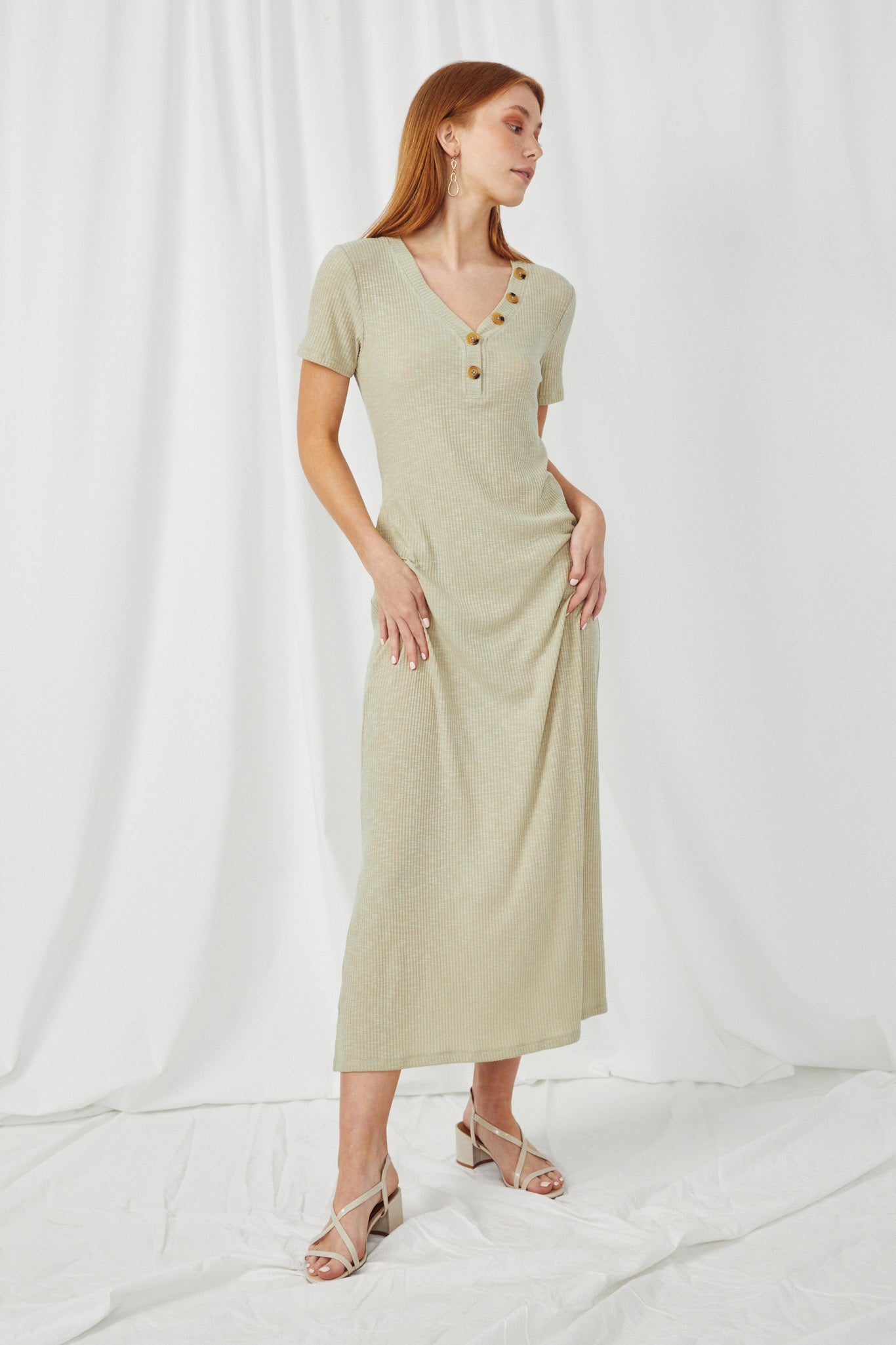 HJ3380 Sage Womens Button Detail Ribbed Knit Maxi Back
