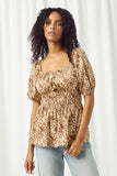 HJ3422 LEOPARD Womens Leopard Print Spaced Smocked Square Neck Top Front