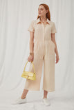 HK1035 Beige Womens Print Block Collared Button Up Jumpsuit Full Body