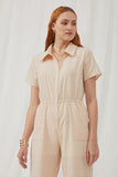 HK1035 Beige Womens Print Block Collared Button Up Jumpsuit Front