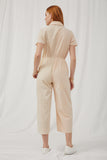 HK1035 Beige Womens Print Block Collared Button Up Jumpsuit Back