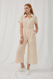 HK1035 Beige Womens Print Block Collared Button Up Jumpsuit Full Body 2