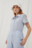 HK1035 Blue Womens Print Block Collared Button Up Jumpsuit Front