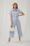 HK1035 Blue Womens Print Block Collared Button Up Jumpsuit Full Body