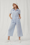 HK1035 Blue Womens Print Block Collared Button Up Jumpsuit Pose