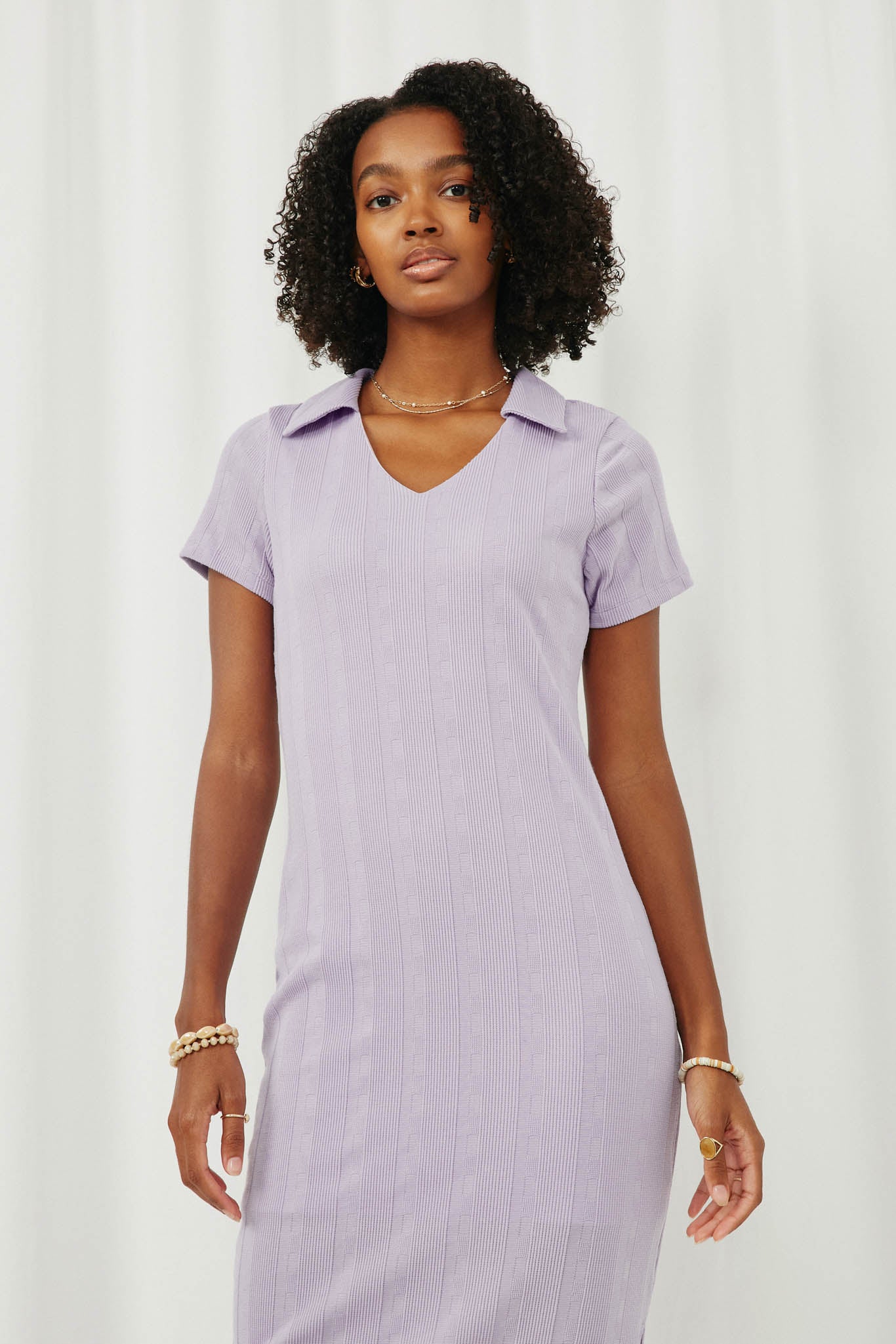HK1061 Lavender Womens Textured Ribbed Knit Open Collar Dress Front