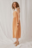 HK1075 Orange Womens Embroidered Texture Stripe Tie Shoulder Dress Side