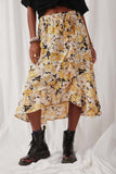 HK1496 Mustard Womens Romantic Floral Asymmetric Ruffle Belted Skirt Front