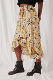 HK1496 Mustard Womens Romantic Floral Asymmetric Ruffle Belted Skirt Side