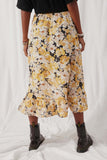 HK1496 Mustard Womens Romantic Floral Asymmetric Ruffle Belted Skirt Back
