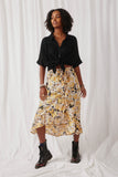 HK1496 Mustard Womens Romantic Floral Asymmetric Ruffle Belted Skirt Full Body