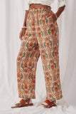 HK1595 Orange Mix Women Smock Waist Paisley Print Wide leg Pants Side