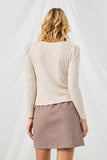 HN4132 OATMEAL Womens Puff Shoulder Marled Knit Buttoned Cardigan Back