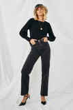 HN4155 BLACK Womens Textured Rib Exaggerated Cuff Knit Top Full Body