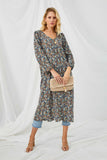 HN4226 BLACK Womens Floral Buttoned Puff Sleeve Duster Full Body