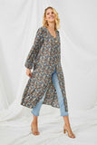 HN4226 BLACK Womens Floral Buttoned Puff Sleeve Duster Side