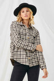 HN4239 BROWN Womens Textured Checker Side Pocket Shacket Front 2