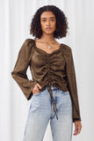 HN4255 Olive Womens Satin Animal Print Wide Sleeve Top Front