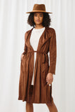 HN4297 BROWN Womens Suede Collared Belted Side Slit Duster Front