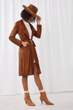 HN4297 BROWN Womens Suede Collared Belted Side Slit Duster Side 2