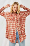 HN4313 RUST Womens Plaid Oversize Pocket Button Up Long Sleeve Shirt Front