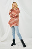 HN4313 RUST Womens Plaid Oversize Pocket Button Up Long Sleeve Shirt Side