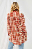 HN4313 RUST Womens Plaid Oversize Pocket Button Up Long Sleeve Shirt Back