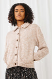 HN4345 OATMEAL Womens Marled Rib Button Up Knit Jacket Front