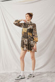 HN4398 Black Womens Metallic Striped Smock Detail Patch Print Dress Pose