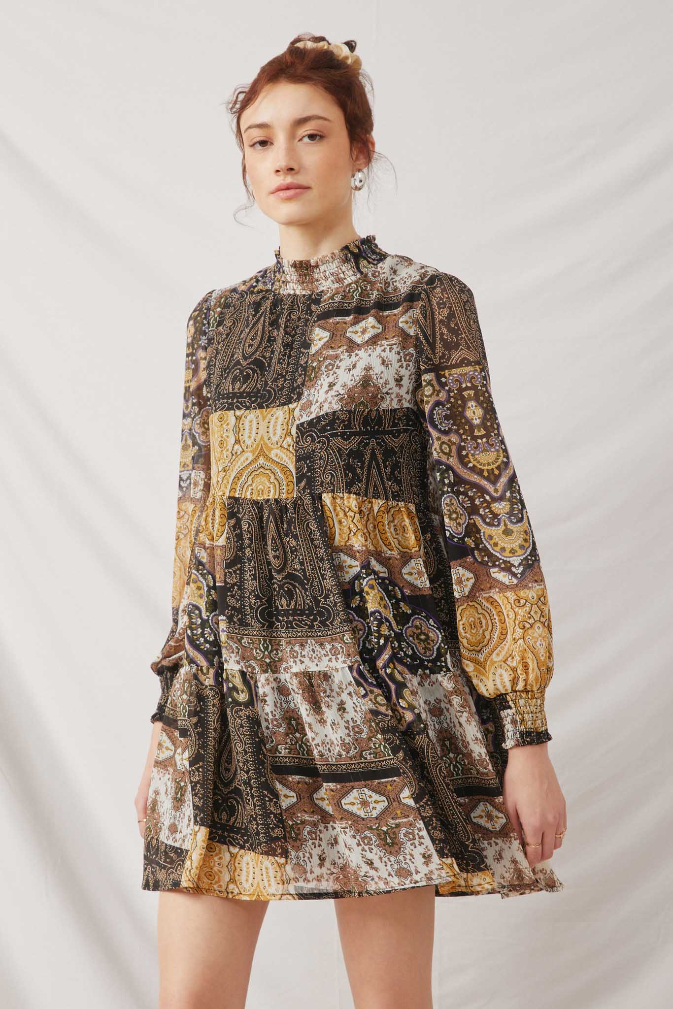 HN4398 Black Womens Metallic Striped Smock Detail Patch Print Dress Front