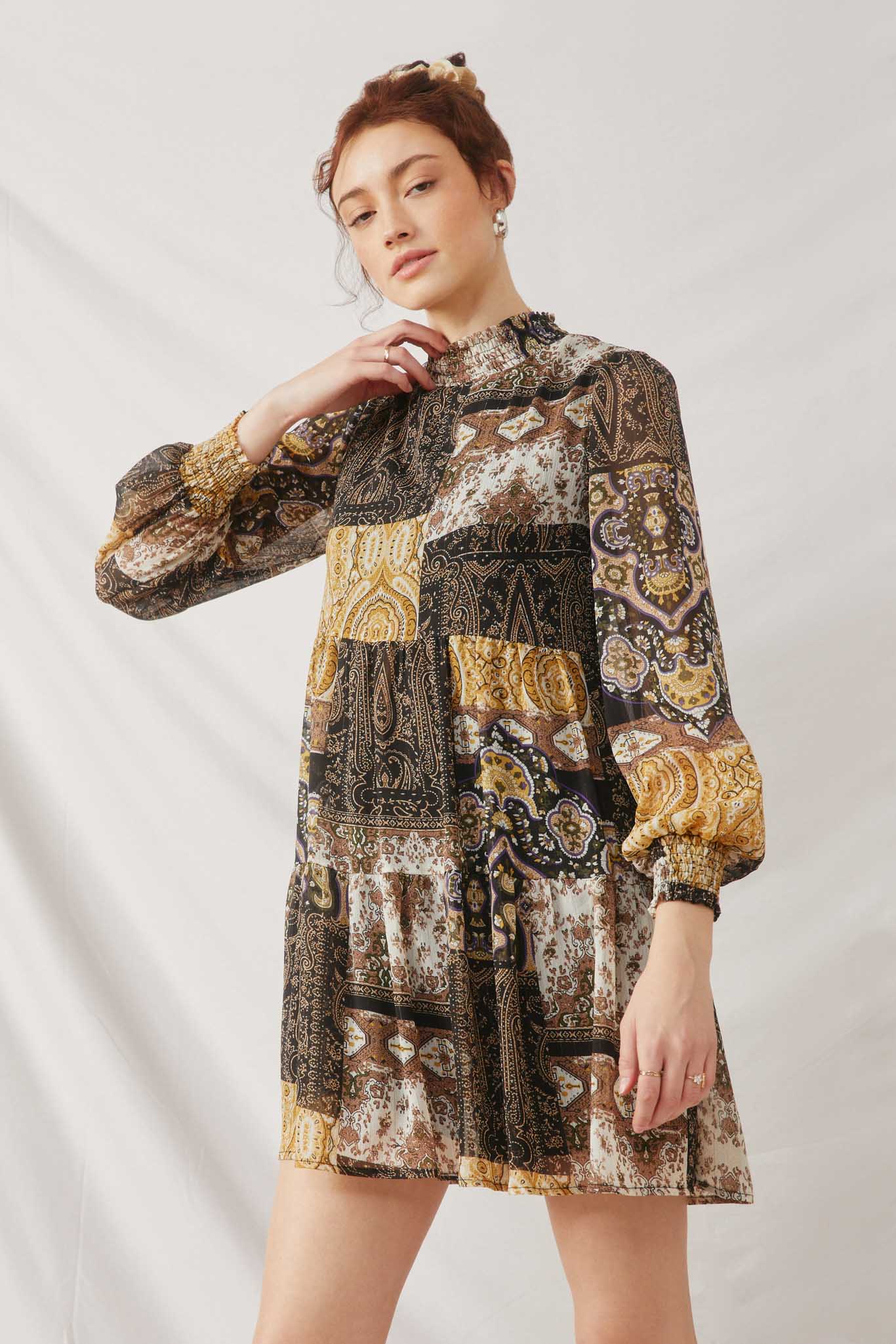 HN4398 Black Womens Metallic Striped Smock Detail Patch Print Dress Front 2